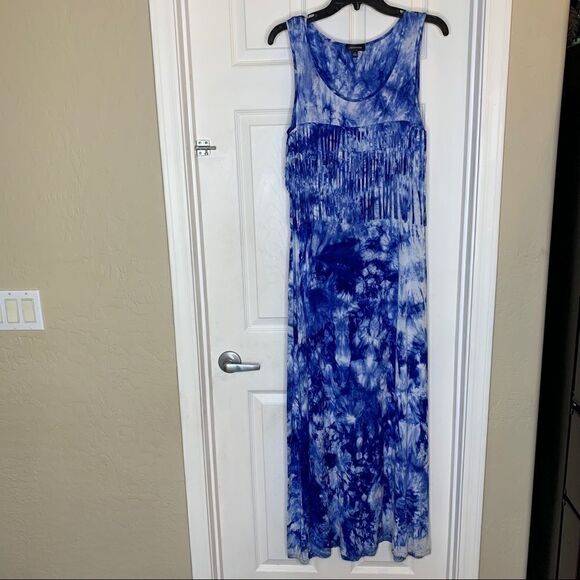 Spense Blue And White Fringe Maxi Dress Tye-Dyed - Picture 2 of 10